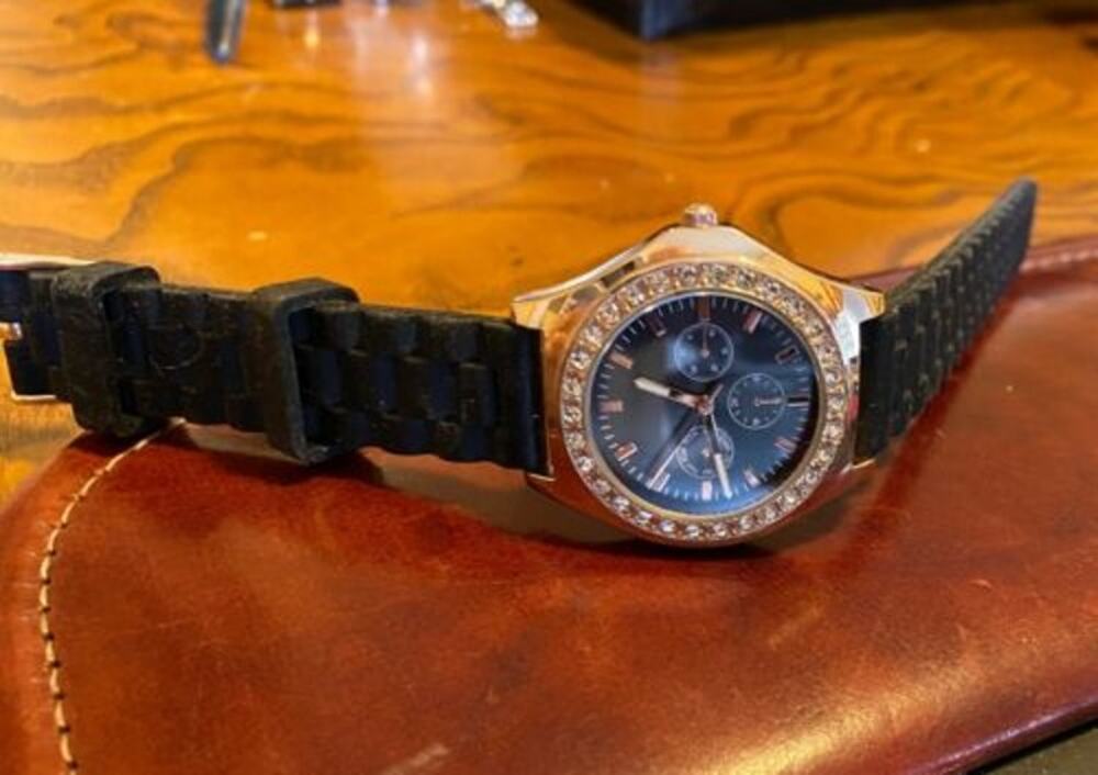Women's Rose Gold Tone Claire's watch, Black Poly Band Crystal Accents
